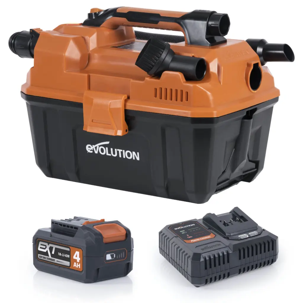 EVOLUTION POWER TOOLS - NAT- EN DROOGSTOFZUIGER + ACCU + RAPID CHARGER