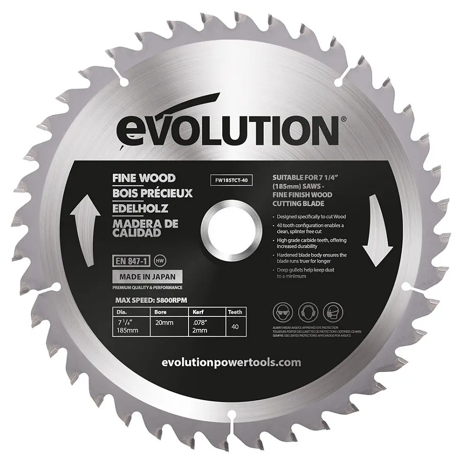 EVOLUTION POWER TOOLS - SAW BLADE FINE WOOD 185 MM FOR CIRCULAR, CHOP, MITRE AND TABLE SAWS