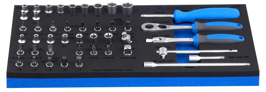 UNIOR - SET OF 1/4" SOCKET WRENCHES WITH ACCESSORIES IN SOS TOOL TRAY