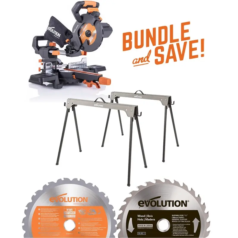 EVOLUTION POWER TOOLS - ENSEMBLE R185SMS+ + SAWHORSE + LAME DE SCIE BOIS