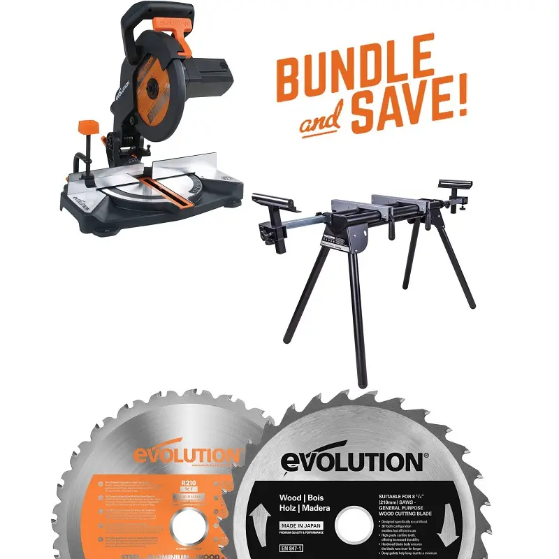 EVOLUTION POWER TOOLS - ENSEMBLE R210CMS + MITRESTAND + LAME DE SCIE BOIS