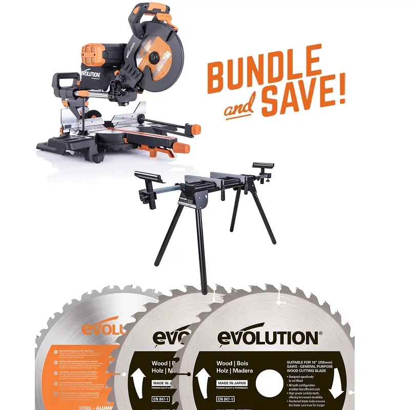 EVOLUTION POWER TOOLS - COMBO PACK R255SMS-DB+ + WOOD BLADE + MITRE STAND