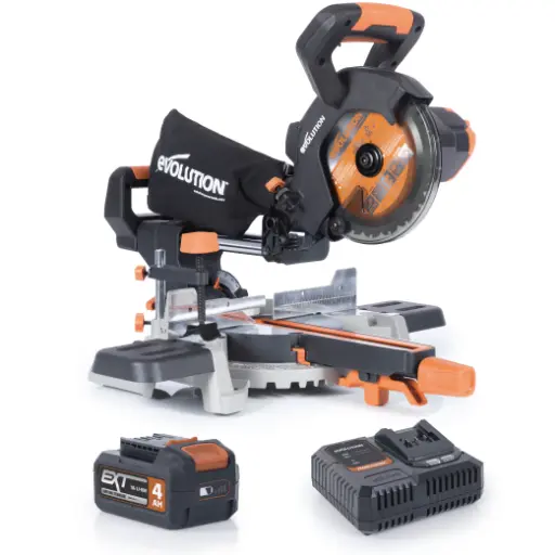 [614.LI.R185SMS] EVOLUTION POWER TOOLS - GLIJDENDE VERSTEKZAAG R185SMS + ACCU + RAPID CHARG