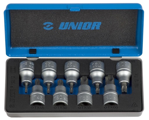[13.192.12.9] UNIOR - SET OF SCREWDRIVER SOCKETS WITH TX PROFILE 1/2" IN METAL BOX