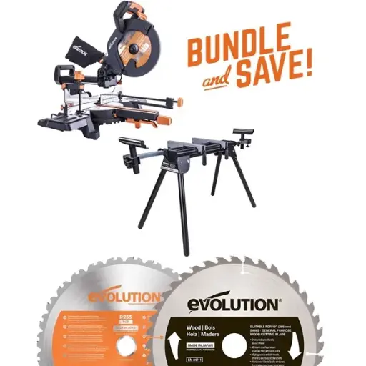 [614.BS.R255.MIT.HOU] EVOLUTION POWER TOOLS - COMBO PACK R255SMS+ + MITRE STAND + WOOD BLADE
